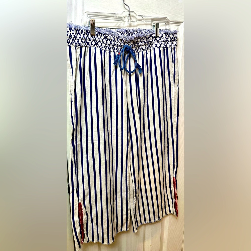 INDIGO REIN Linen Blend Striped Pull On Pants with Red Embroidery Drawstring